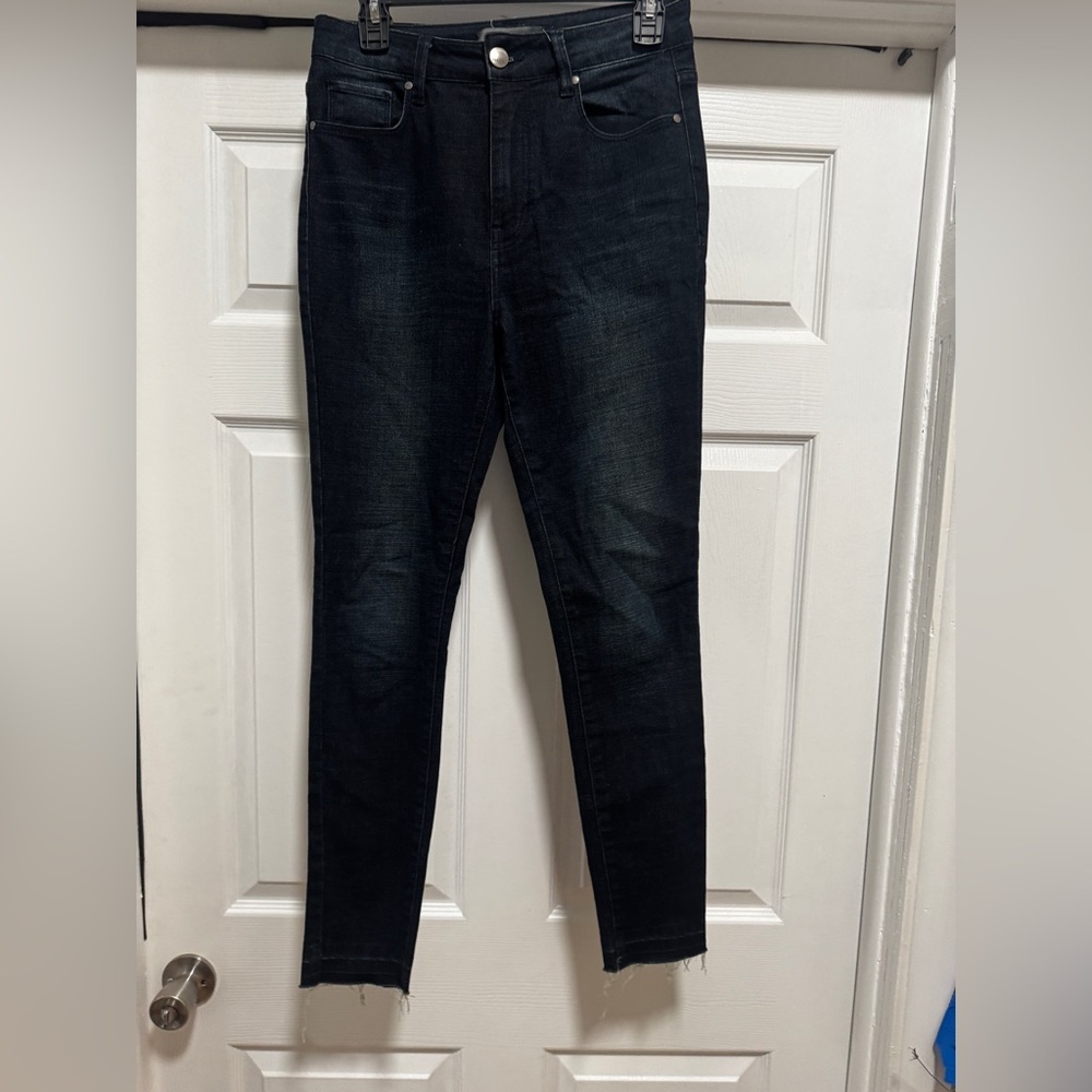 Harper skinny leg womens jeans exposed hem 28 dark blue mid rise